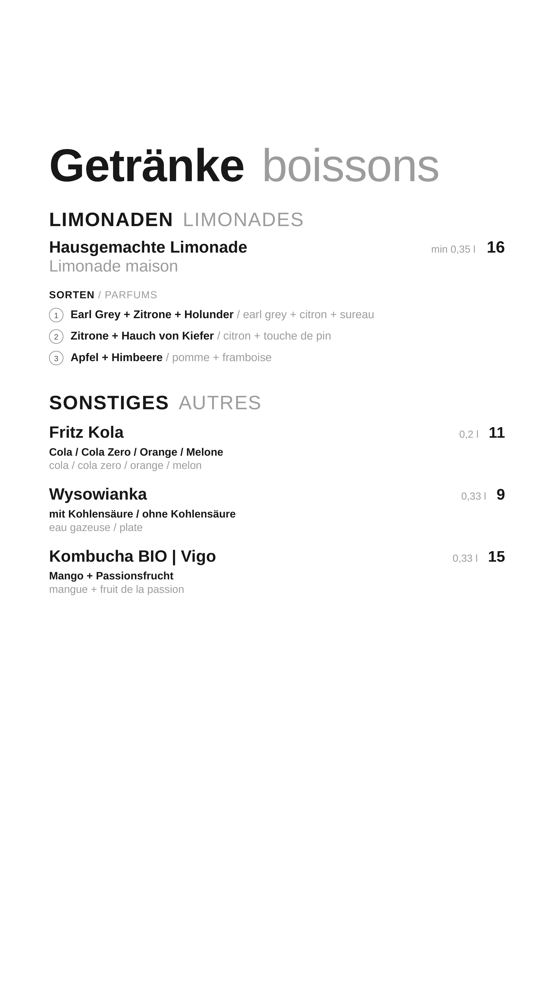 Menu napoje