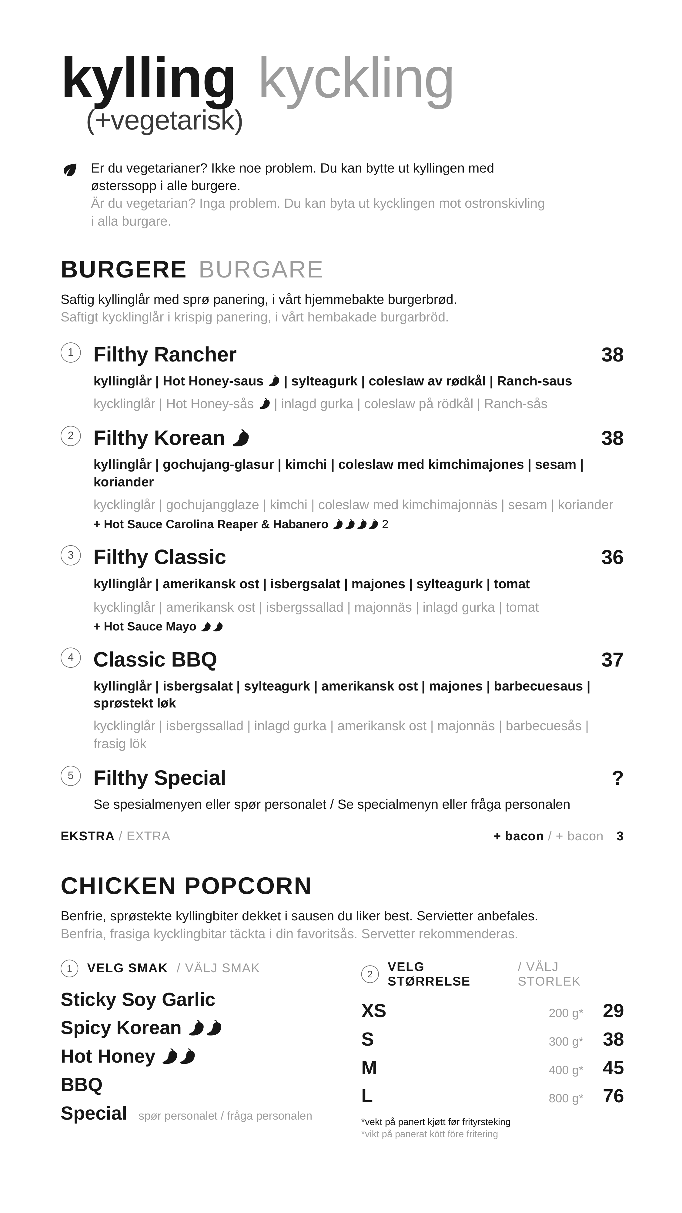 Menu kurczak