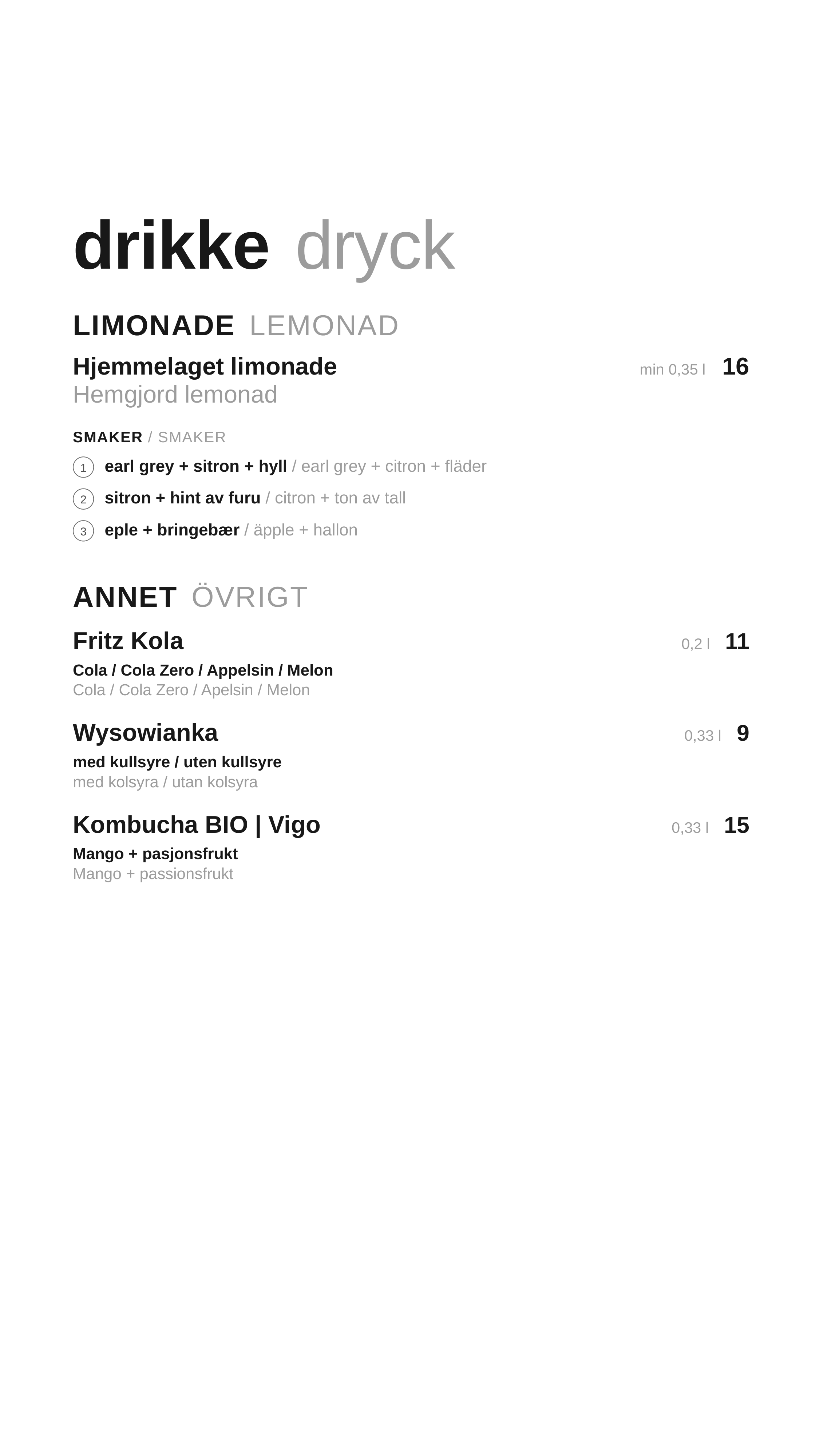 Menu napoje