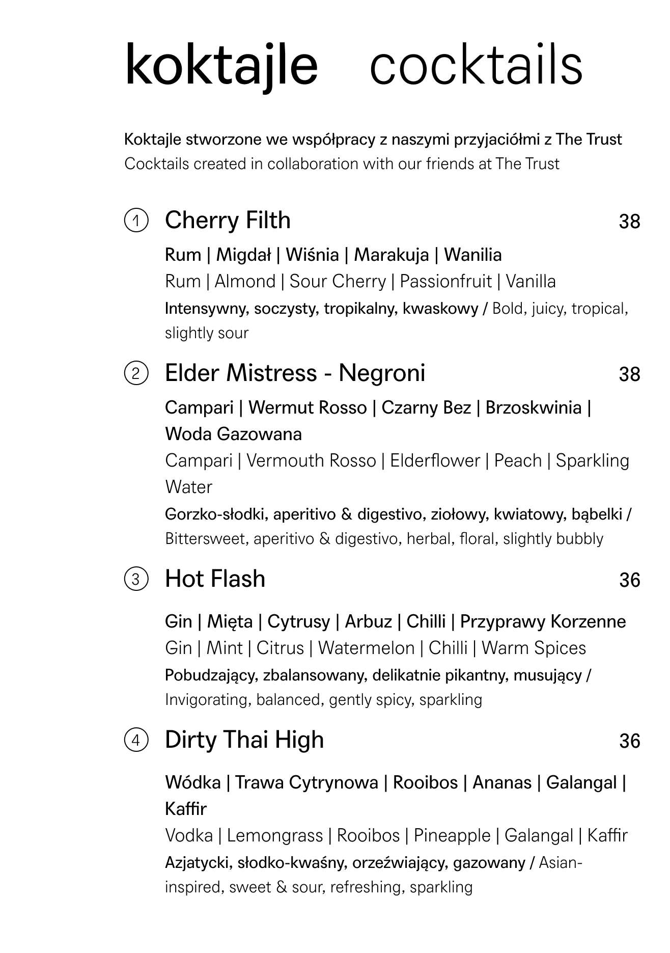 Menu koktajle