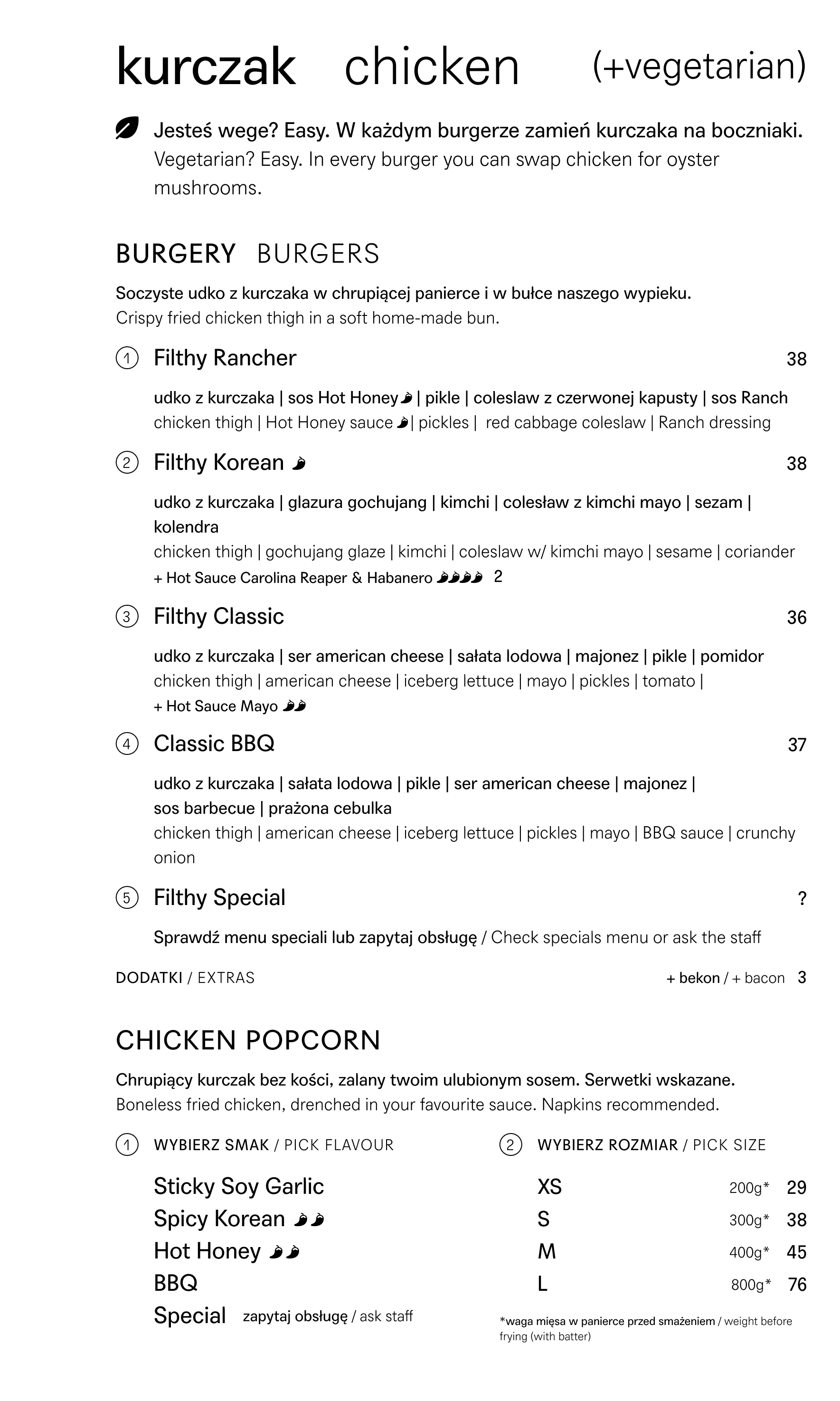 Menu kurczak
